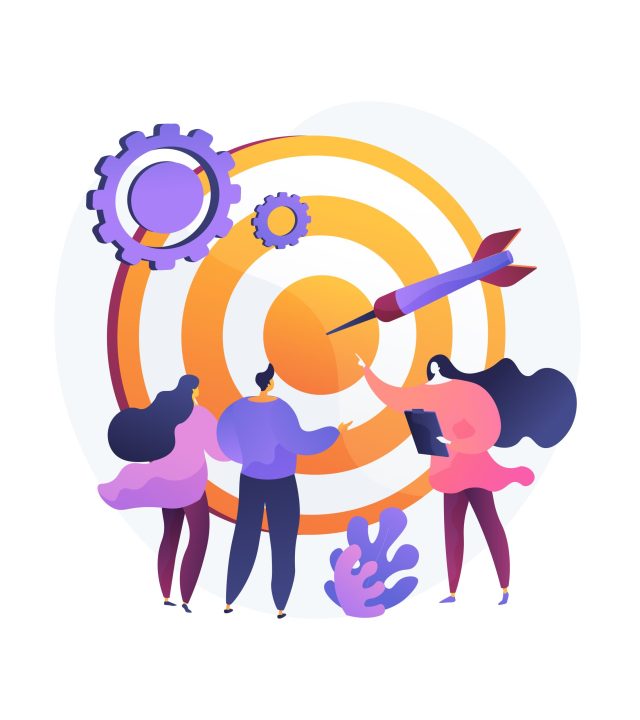 Staff management, perspective definition, target orientation. Teamwork organization. Business coach, company executive and personnel cartoon characters. Vector isolated concept metaphor illustration.