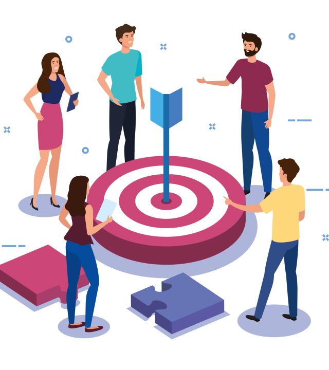 teamwork people with target and puzzle pieces vector illustration design